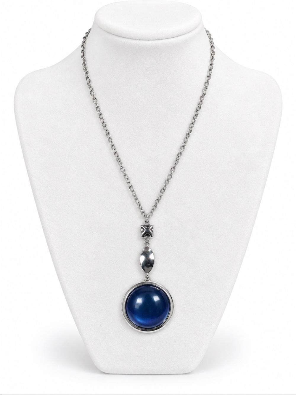 Silver-Tone Blue Cabochon Pendant Necklace Statement Jewelry